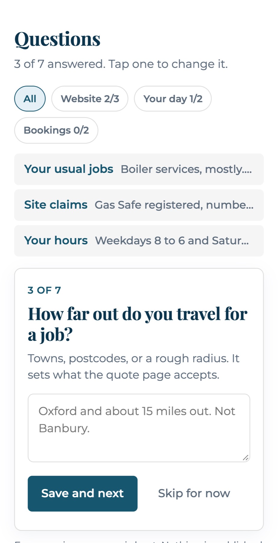 Three answered questions folded to a line each, in the client's words