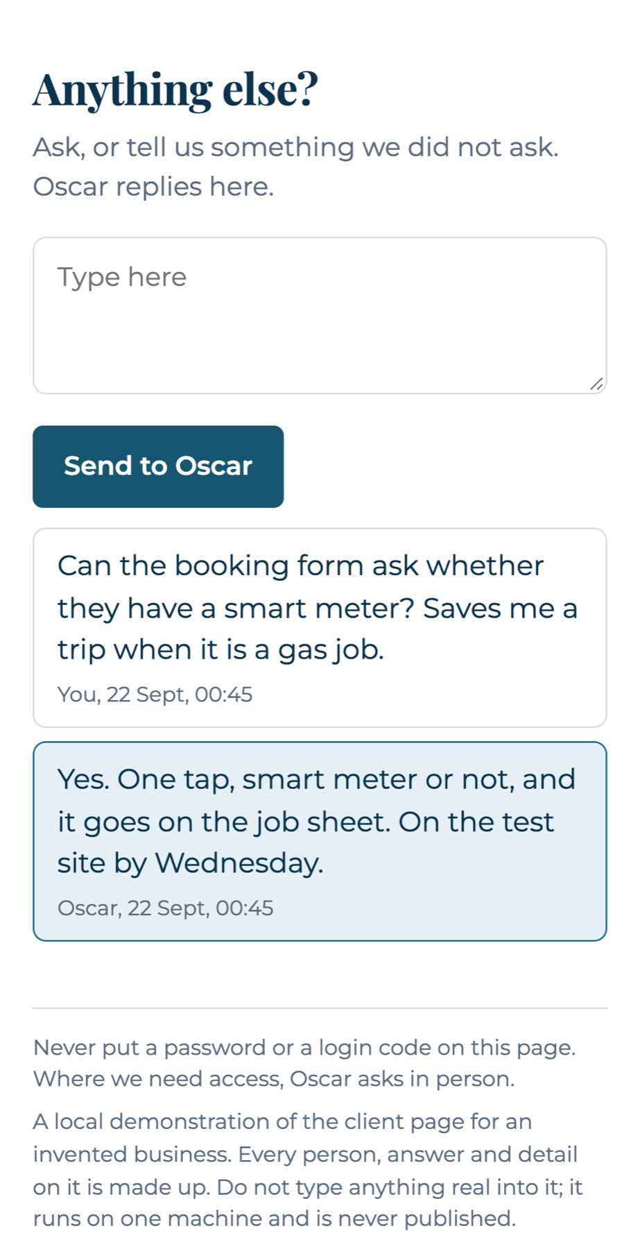 A question from the client and the reply under it, dated