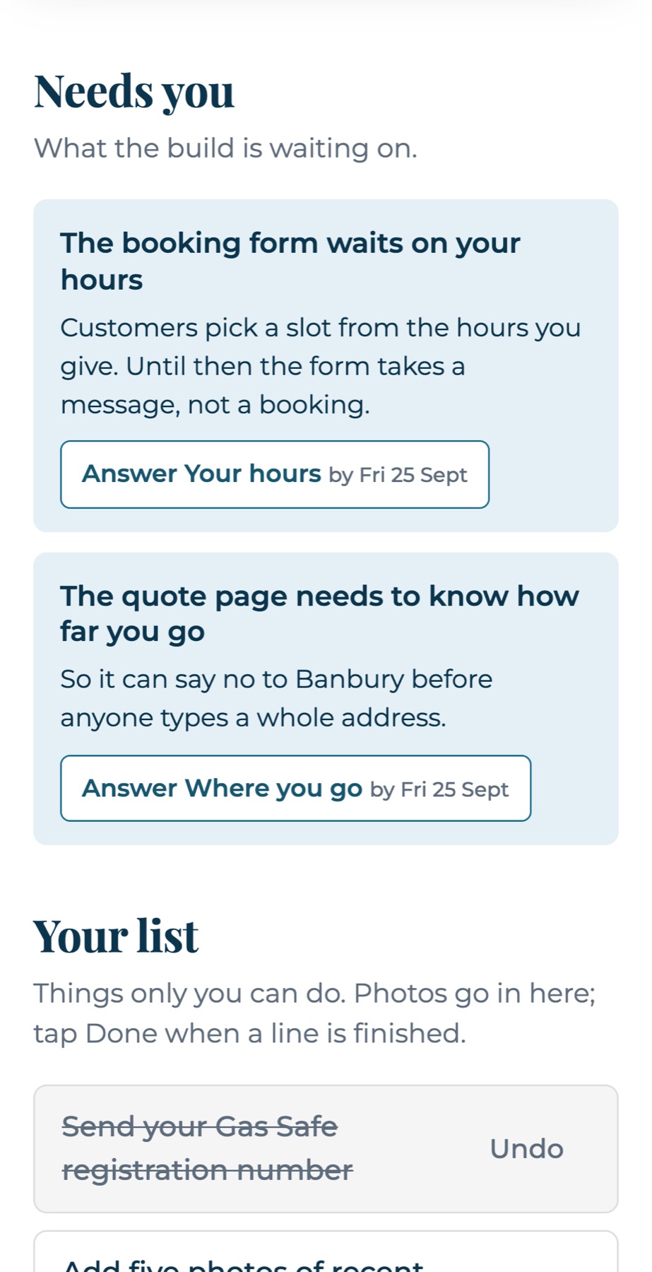 The Needs-you section on a phone: two flags, each with a why and a date